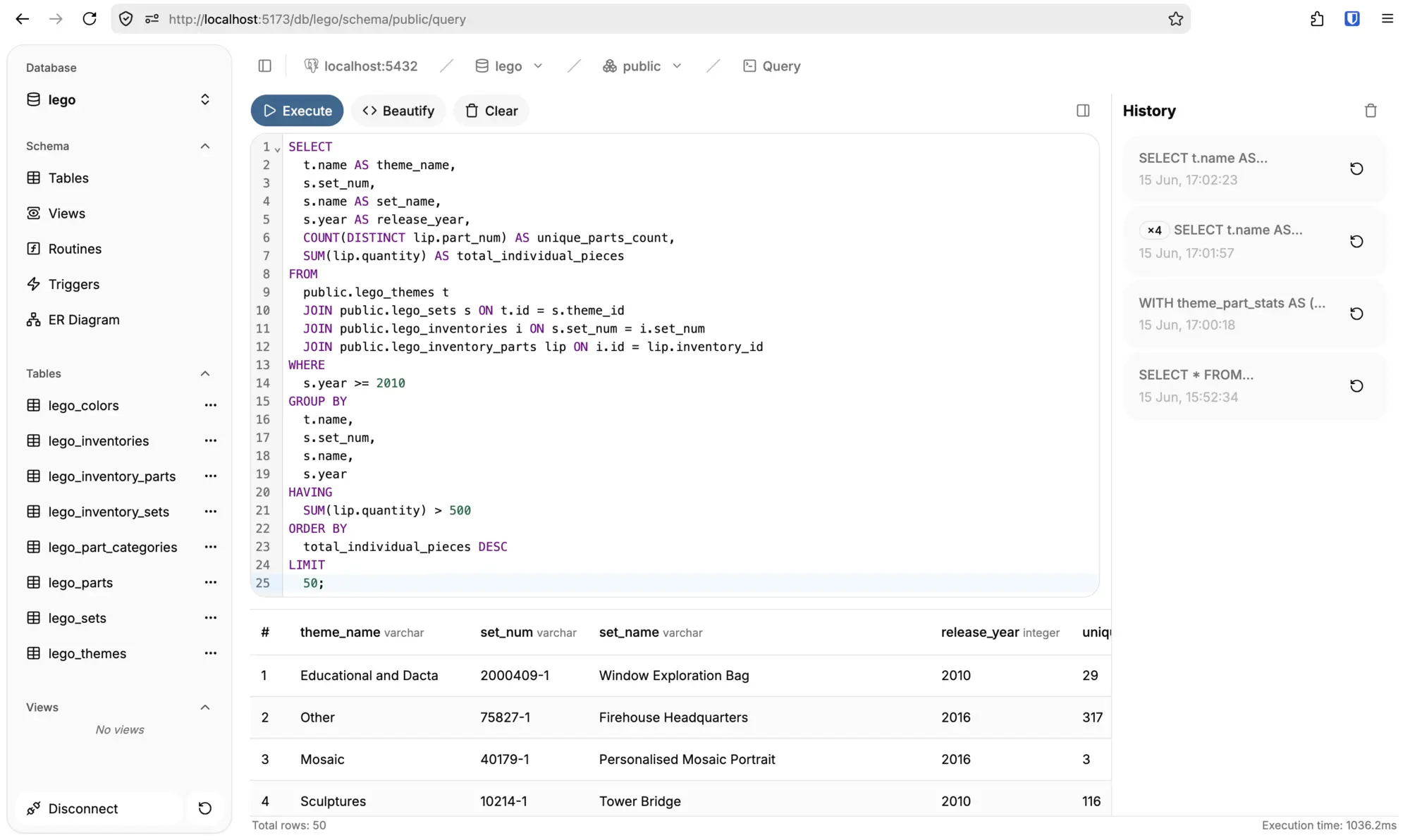 pgbrowser query editor showing SQL execution