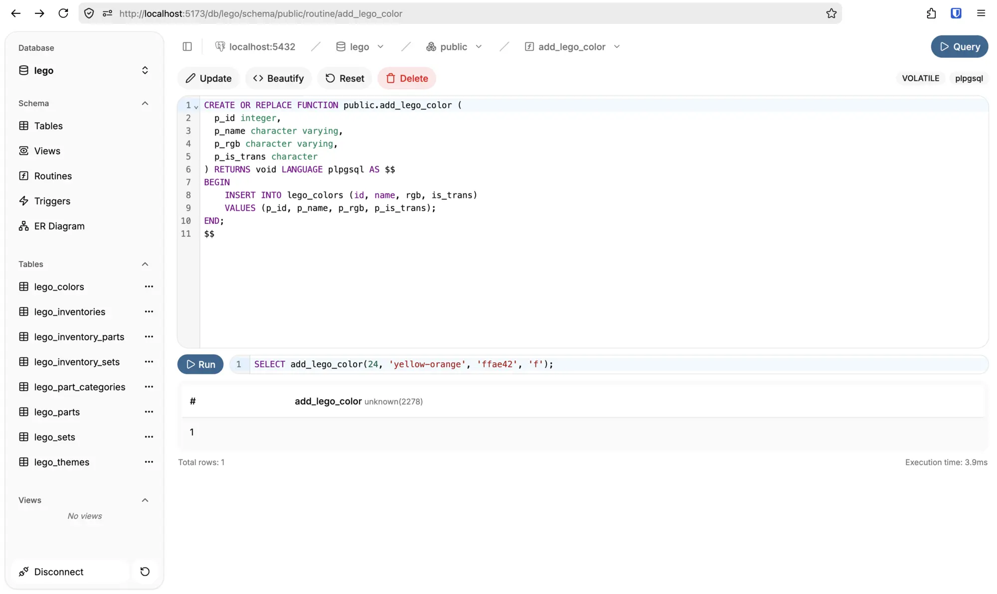 pgbrowser functions editor with running and 